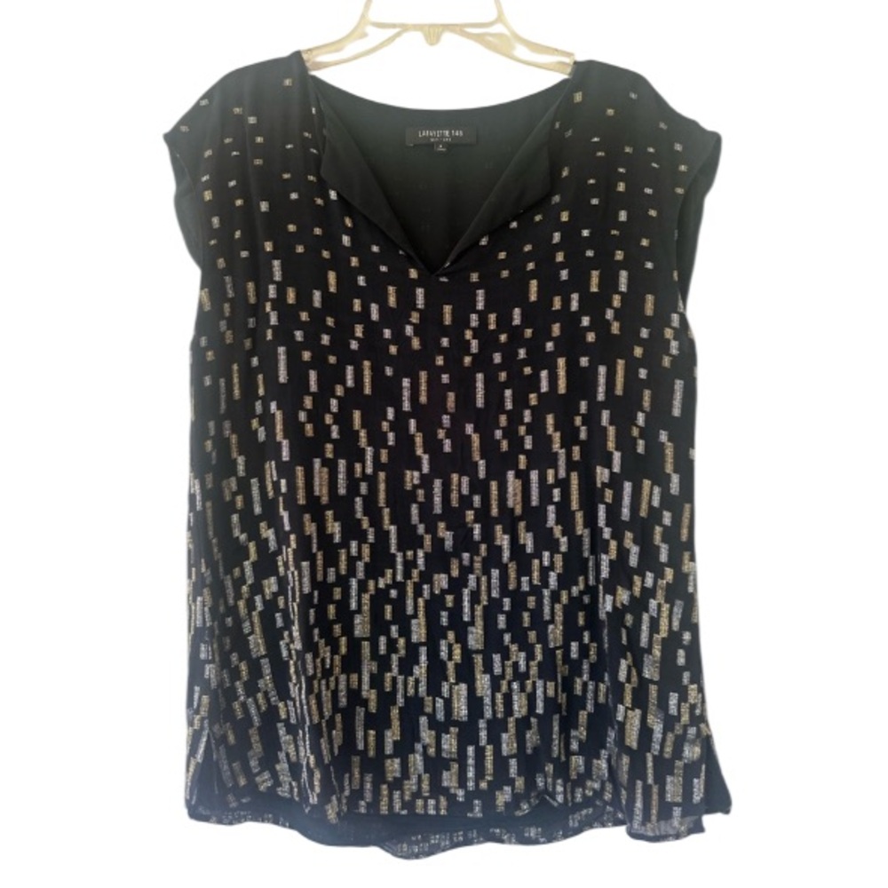 Lafayette 148 Top Blouse size S/P Sleeveless Black Silver Gold metallic
